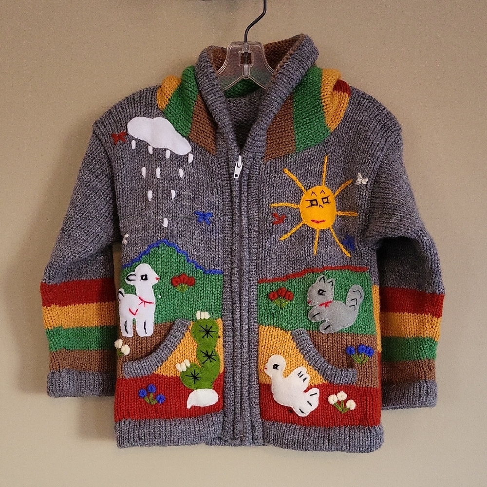 Colorful knit hooded zip up sweater with animal detail